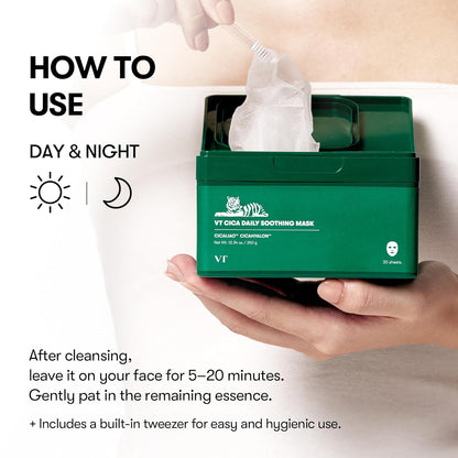 CICA Daily Soothing Mask 30 Sheets, Centella Asiatica & Hyaluronic Acid for Moisturizing & Hydrating, Instant Calm & Glow, Skin Softening Facial Mask, Korean Face Mask